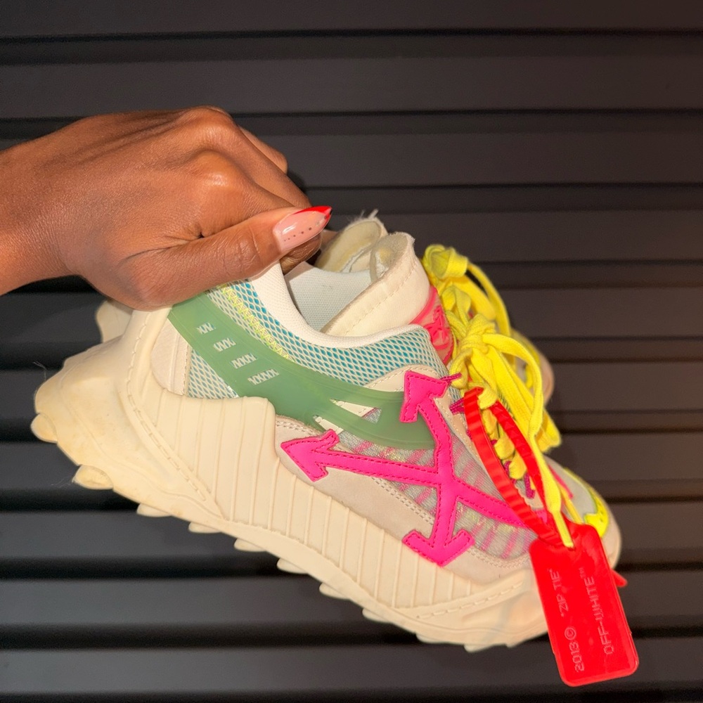 Off-White Cream Sneakers with Pink and Yellow Accents